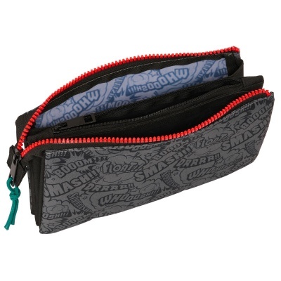 Estojo escolar retangular cinzento com padrão e zíper vermelho
