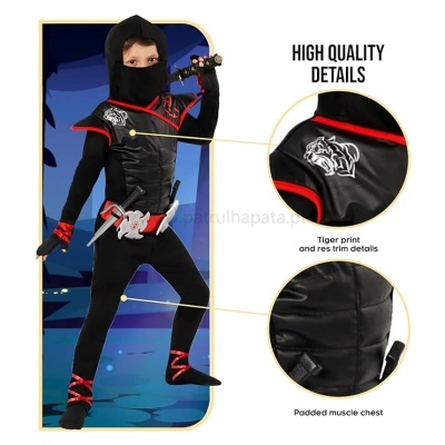 Fantasia de ninja preta com detalhes vermelhos para criança