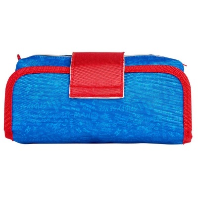 Estojo azul com detalhes vermelhos e padrão textual