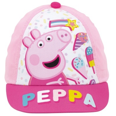 Boné infantil rosa com personagem Peppa Pig e texto PEPPA colorido