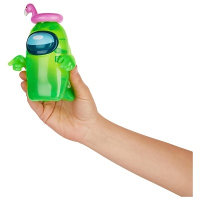 Frasco em forma de personagem verde com visor azul e chapéu de flamingo cor-de-rosa