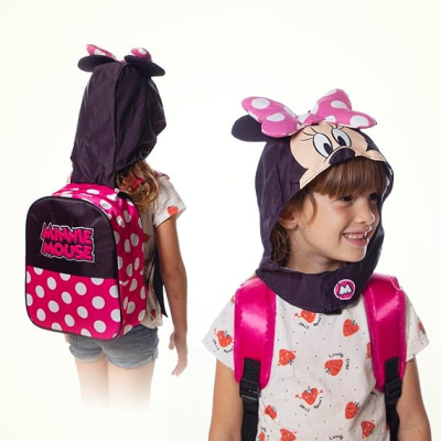 Mochila rosa Minnie Mouse com capuz decorativo para criança