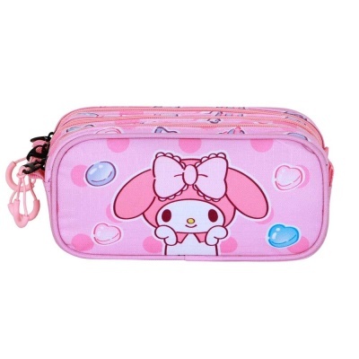 Estojo cor-de-rosa com desenho de personagem animado e zíper rosa