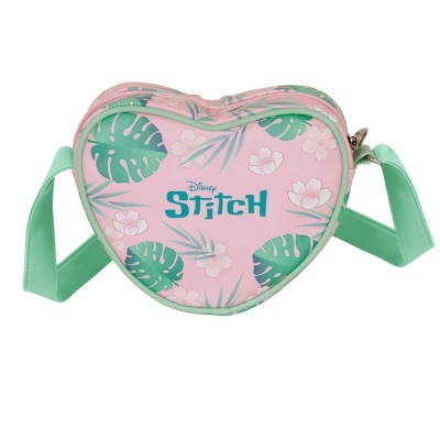 Mala coração rosa com padrão folhas verdes e texto Disney Stitch azul