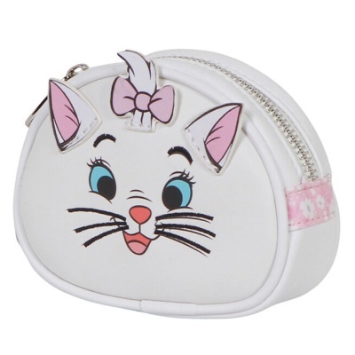 Bolsa pequena branca com rosto de gato e laço cor-de-rosa