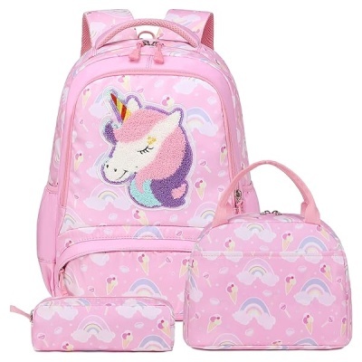 Conjunto rosa com mochila, mala e estojo com tema de unicórnio e padrões de arco-íris e gelados