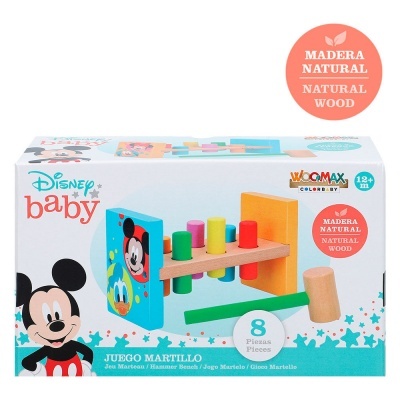 Jogo martelo Disney Baby em madeira colorida com base e martelo.