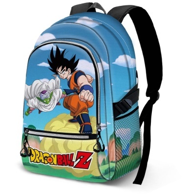 Mochila azul com estampa de Dragon Ball Z com personagens Goku e Piccolo