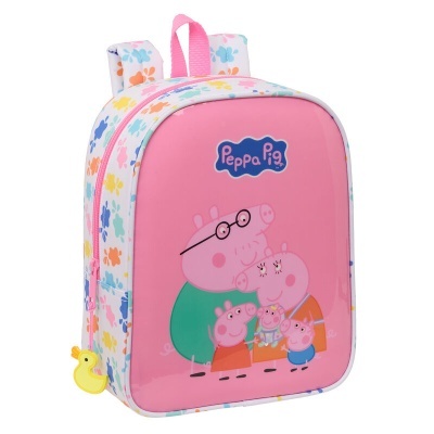 Mochila infantil rosa Peppa Pig com fecho puxador em forma de pato amarelo