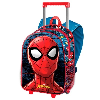 Mochila de rodinhas Homem-Aranha azul e vermelha com estampa frontal do personagem e texto MARVEL SPIDER-MAN