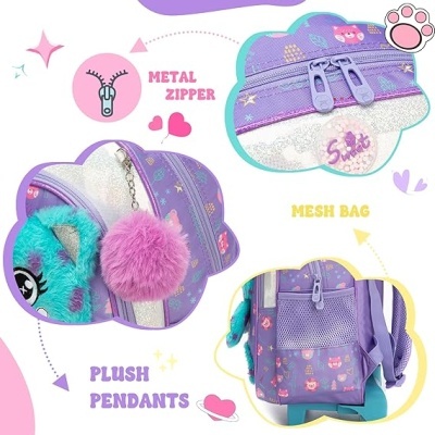 Mochila roxa infantil com zíper metálico, bolsa de rede e pendentes de pelúcia