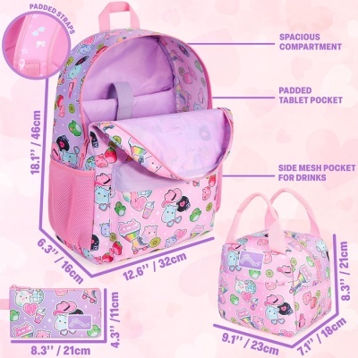 Mochila e nécessaire cor-de-rosa com padrões de desenhos animados e bolsos especificados