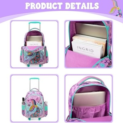 Mochila de roda infantil lilás com padrão de unicórnio e alça verde-água