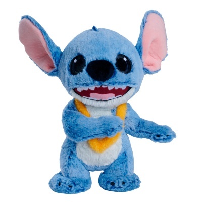 Pelúcia azul do Stitch com barriga branca e colar amarelo