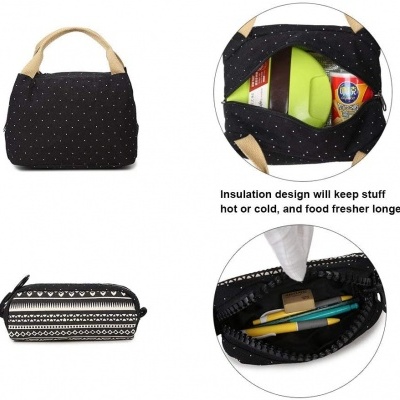 Duas bolsas de tecido preto com padrões brancos e alças bege, mostrando interior com alimentos e material de escrita