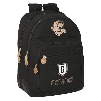 Mochila preta com emblema Gryffindor e fechos dourados