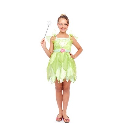 Vestido de fantasia verde tipo fada para criança com varinha mágica