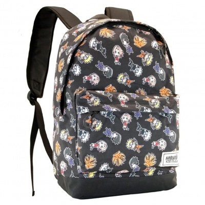 Mochila preta com padrão de personagens e folhas, bolso frontal com etiqueta Naruto Shippuden