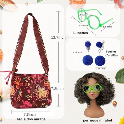 Bolsa de ombro floral, óculos verdes redondos, brincos azuis redondos e peruca cacheada marrom