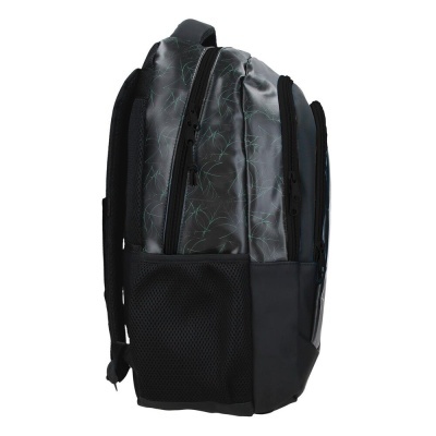 Mochila preta com padrão verde e bolsos laterais de malha