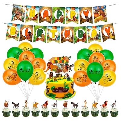 Decoração de festa com tema Rei Leão incluindo bandeirolas, balões, bolo e cupcakes decorados