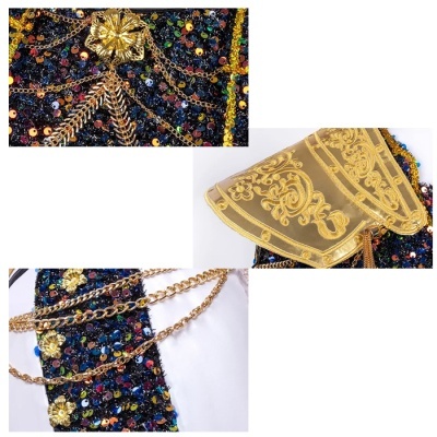 Tecido com lantejoulas coloridas, correntes douradas e bordado floral dourado