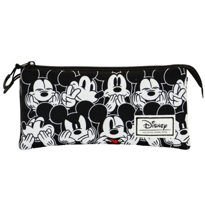 Estojo escolar preto com padrão de rostos do Mickey Mouse em branco e etiqueta Disney
