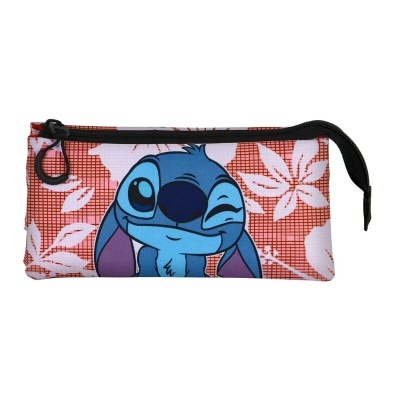 Estojo com imagem do Stitch a piscar e padrão floral vermelho e branco