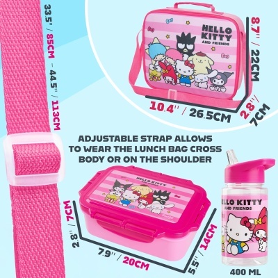 Conjunto Hello Kitty rosa com saco, marmita e garrafa com personagens