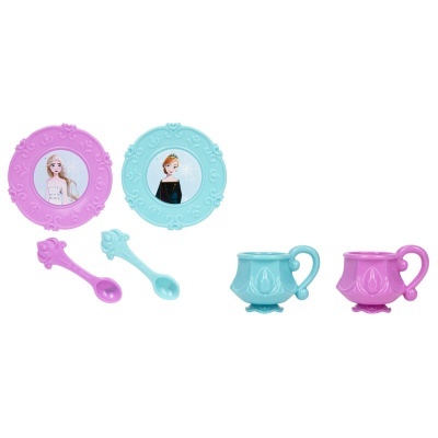 Conjunto de pratos, colheres e canecas de plástico infantil roxo e azul com personagens