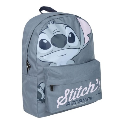 Mochila cinzenta com estampa do personagem Stitch e bolso frontal com texto