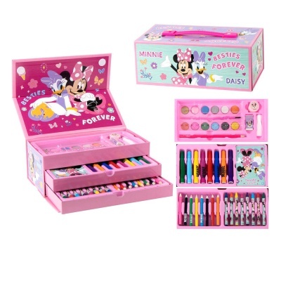 Estojo rosa de atividades artísticas com personagens Minnie e Daisy