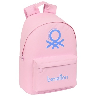 Mochila rosa clara com logótipo azul da Benetton