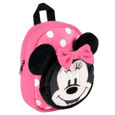 Mochila infantil rosa com bolinhas brancas e bolso frontal com a cara da Minnie Mouse