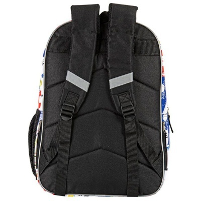 Mochila preta com alças acolchoadas e detalhes coloridos nas laterais