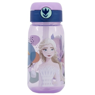 Garrafa plástica lilás com tampa roxa e azul com ilustração de princesa e flores