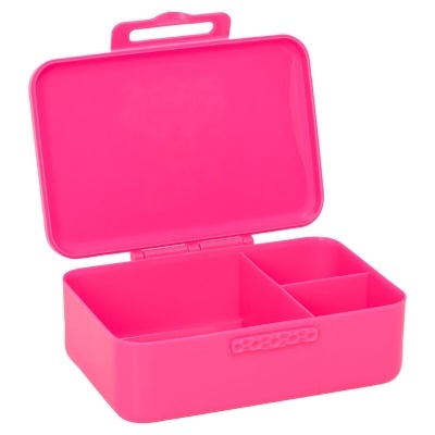 Estojo plástico rosa com tampa e três compartimentos internos