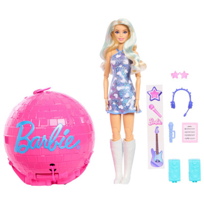 Boneca Barbie com vestido azul e acessórios musicais e casa de disco rosa