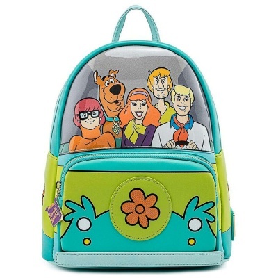 Mochila azul turquesa e verde com personagens da Scooby-Doo impressos e flor laranja decorativa