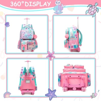 Mochila com rodinhas rosa e verde água decorada com tartarugas e conchas