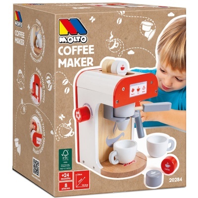 Brinquedo de máquina de café Molto na embalagem com criança e acessórios visíveis