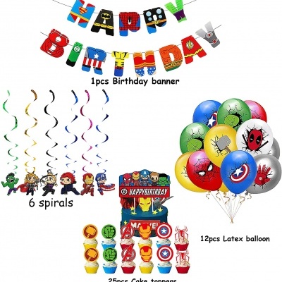 Conjunto de festa Avengers com faixa 'HAPPY BIRTHDAY', espirais, balões e toppers de bolo