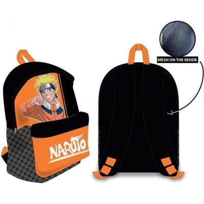 Mochila Naruto preta e laranja com imagem do personagem e texto NARUTO