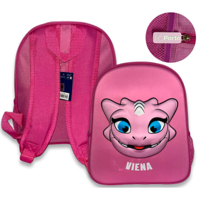 Mochila rosa infantil com rosto de dragão e texto FC Porto no fecho