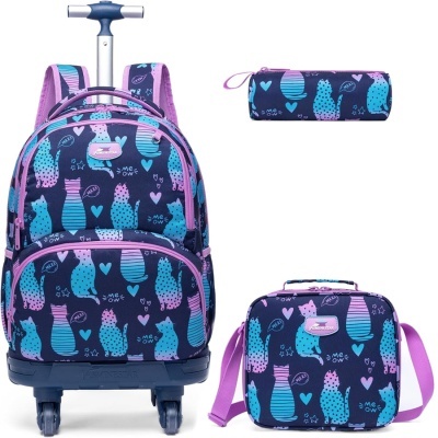 Mochila com rodas, bolsa tiracolo e estojo com padrão de gatos em azul, lilás e rosa.