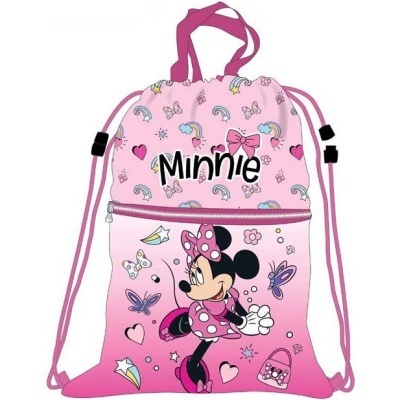Mochila saco rosa com estampa da Minnie Mouse e texto 'Minnie'