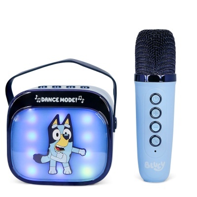 microfone azul claro com altifalante portátil e desenho de cão com luzes azuis