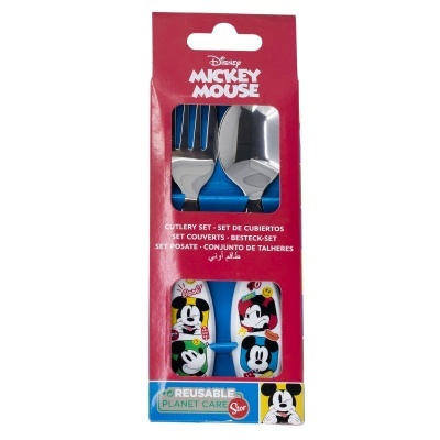 Conjunto de talheres Disney Mickey Mouse com garfo e colher em caixa vermelha