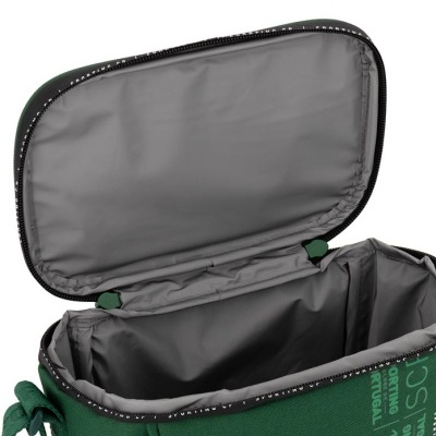 Mala térmica verde com interior cinza e fecho de correr preto