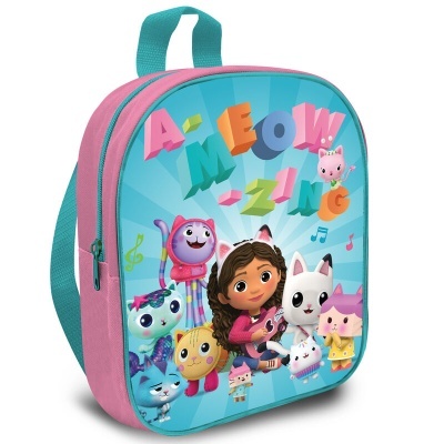 Mochila infantil azul e rosa com personagens de desenho animado e texto colorido